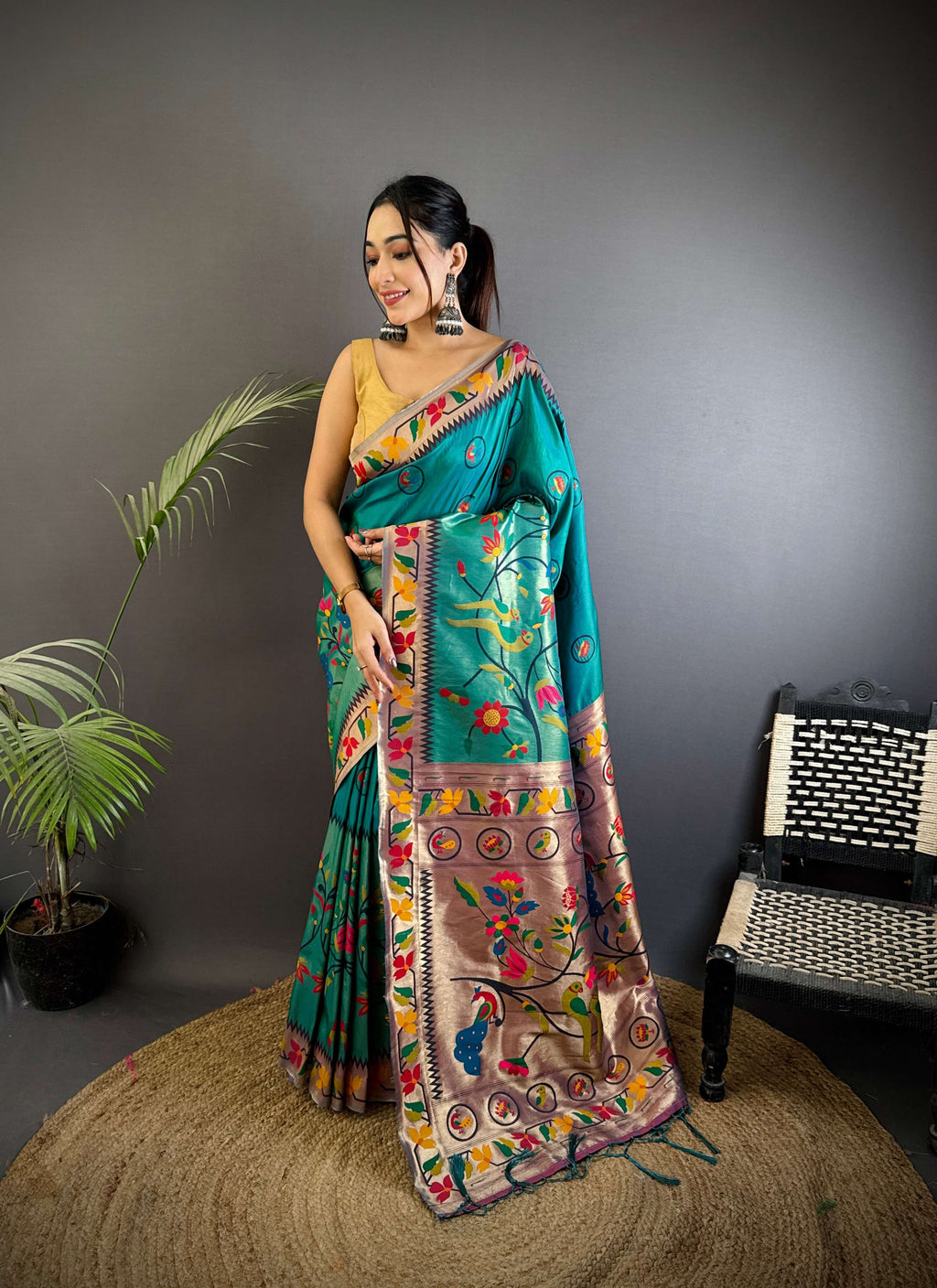 Sonakshi Women's Morepeach Paithani Silk Zari & Meenakari Weaving Traditional Saree with Blouse - Distacart