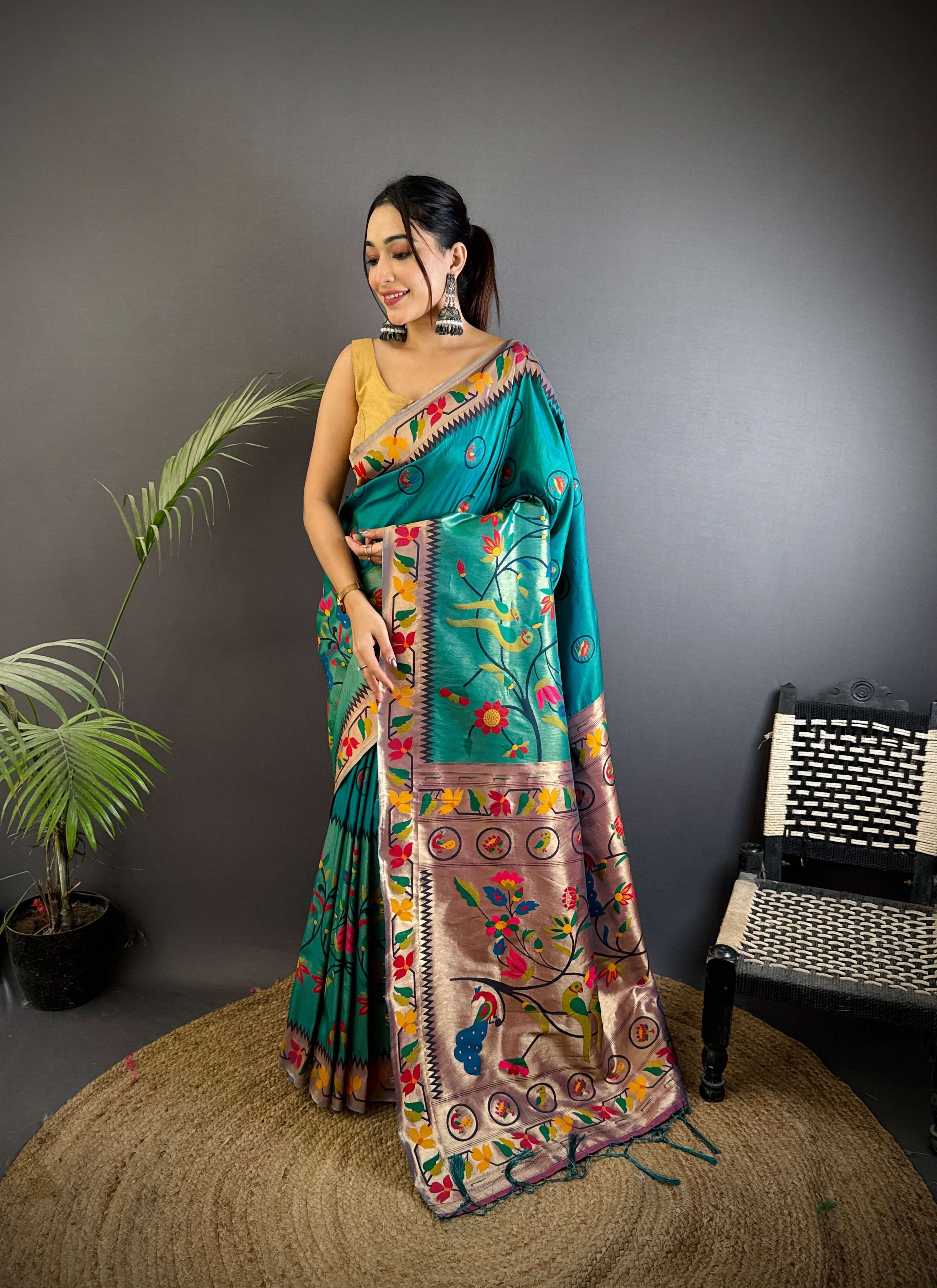 Sonakshi Women's Morepeach Paithani Silk Zari & Meenakari Weaving Traditional Saree with Blouse - Distacart