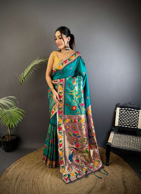 Sonakshi Women's Morepeach Paithani Silk Zari & Meenakari Weaving Traditional Saree with Blouse