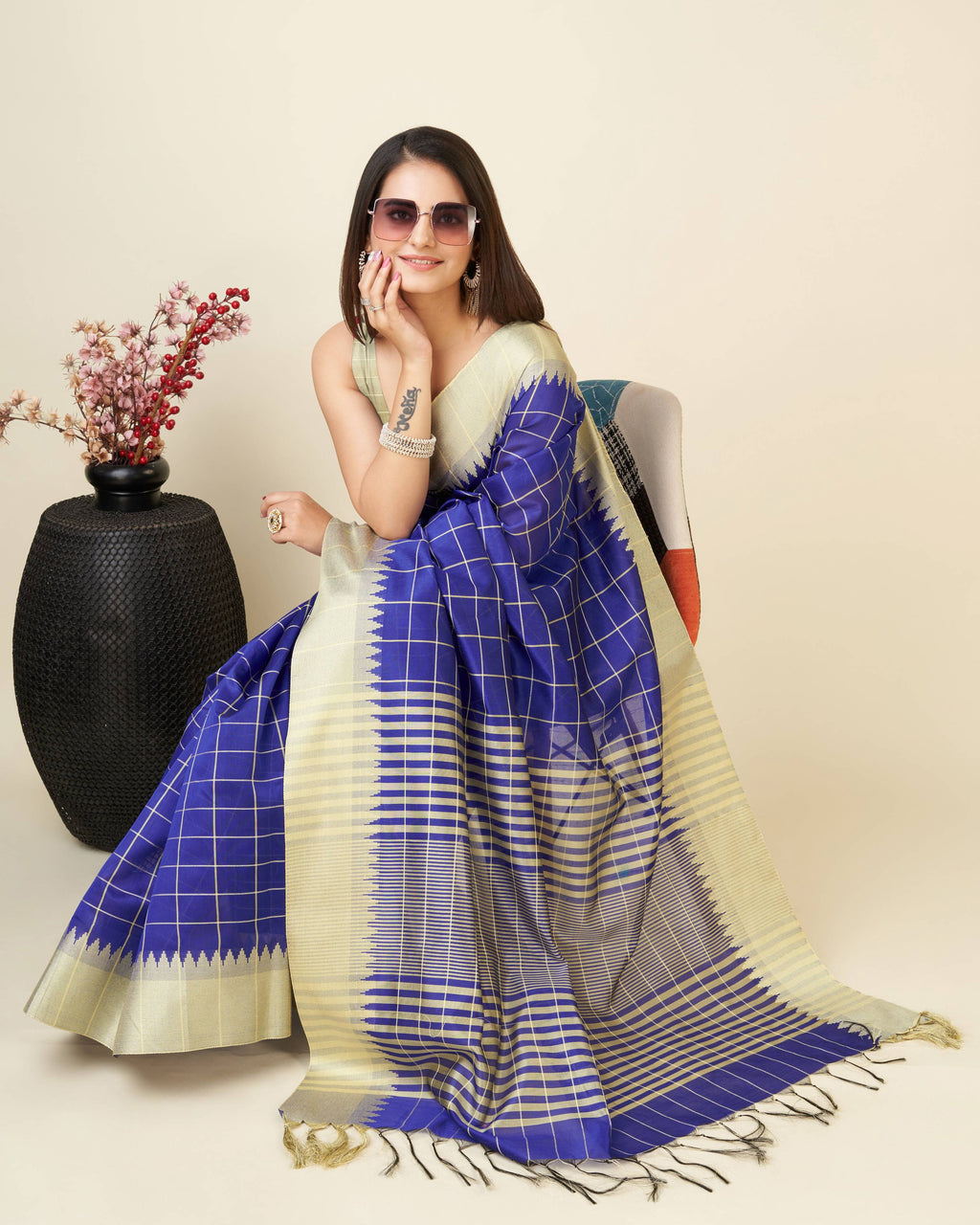 Sonakshi Women's Royal Blue Raw Silk Khadi & Zari Weaving Traditional Saree with Blouse - Distacart