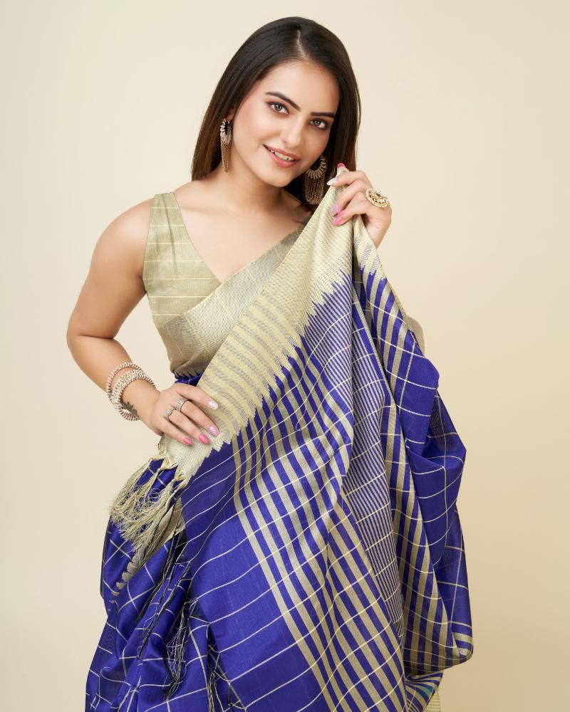 Sonakshi Women's Royal Blue Raw Silk Khadi & Zari Weaving Traditional Saree with Blouse - Distacart