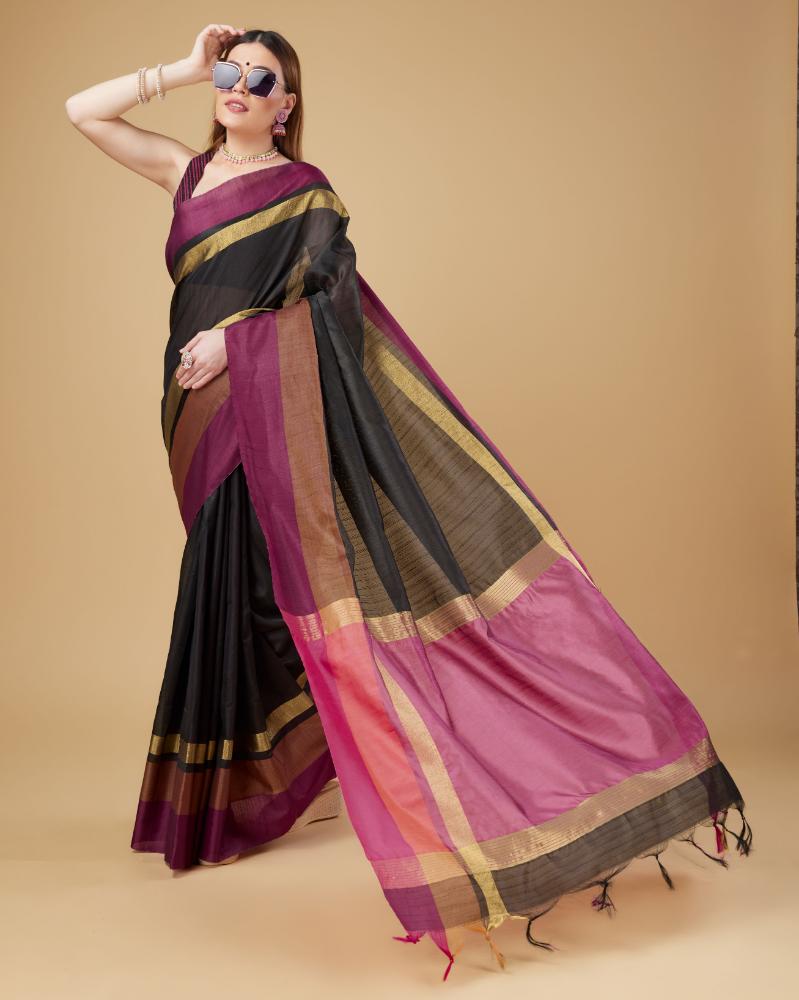 Sonakshi Women's Black Raw Silk Khadi & Zari Weaving Traditional Saree with Blouse - Distacart