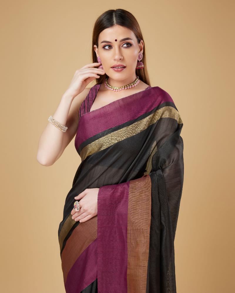 Sonakshi Women's Black Raw Silk Khadi & Zari Weaving Traditional Saree with Blouse - Distacart