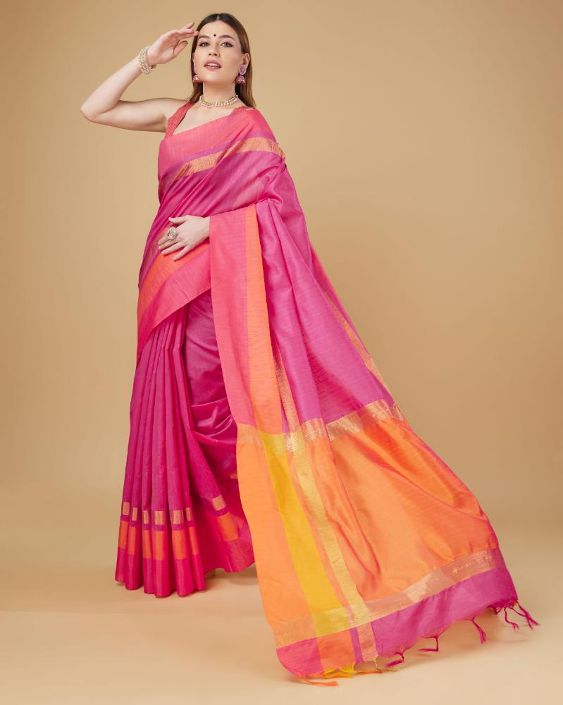 Sonakshi Women's Rani Pink Raw Silk Khadi & Zari Weaving Traditional Saree with Blouse - Distacart