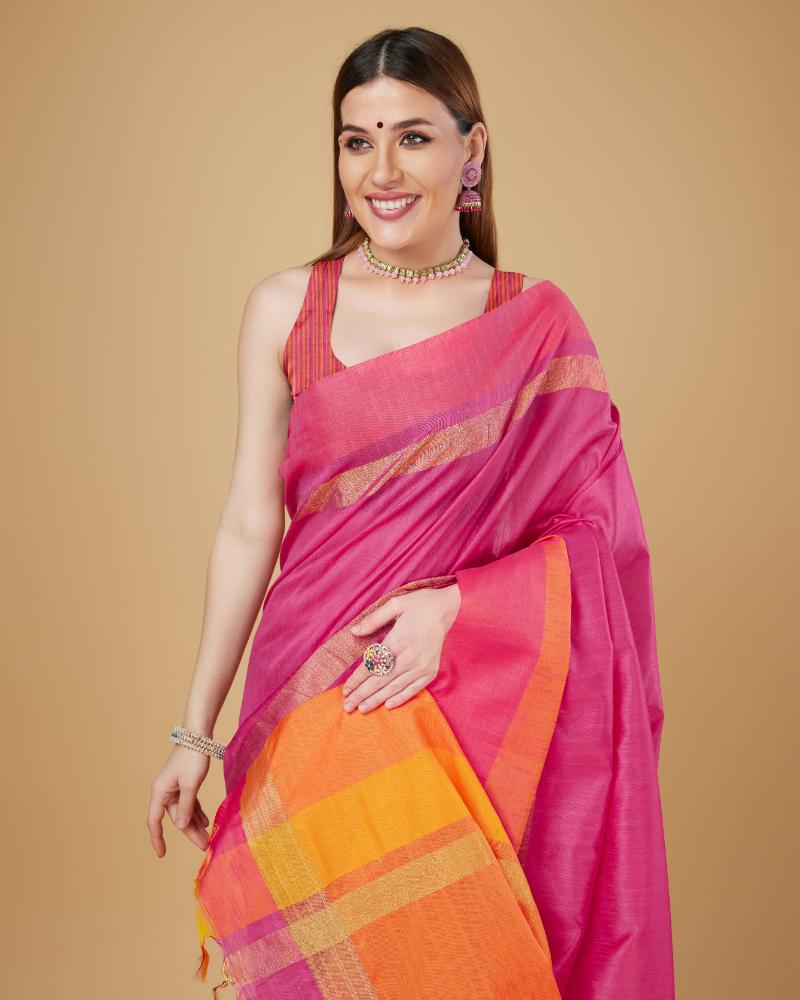 Sonakshi Women's Rani Pink Raw Silk Khadi & Zari Weaving Traditional Saree with Blouse - Distacart