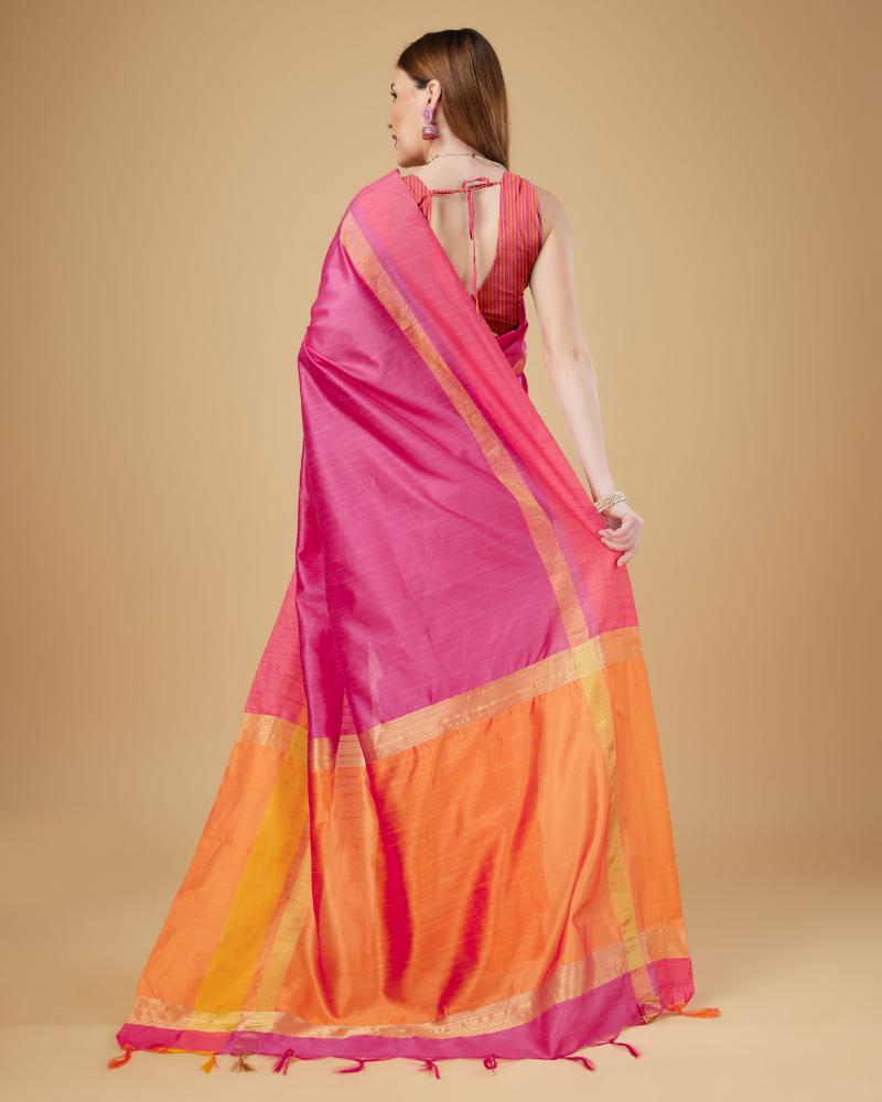 Sonakshi Women's Rani Pink Raw Silk Khadi & Zari Weaving Traditional Saree with Blouse - Distacart
