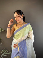 Sonakshi Women's White Raw Silk Khadi & Zari Weaving Traditional Saree with Blouse - Distacart