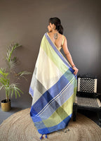 Sonakshi Women's White Raw Silk Khadi & Zari Weaving Traditional Saree with Blouse - Distacart
