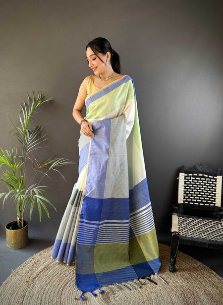 Sonakshi Women's White Raw Silk Khadi & Zari Weaving Traditional Saree with Blouse