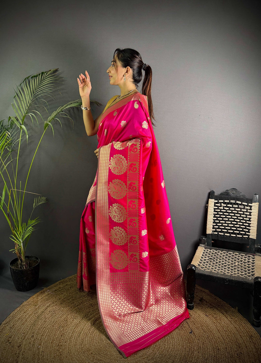 Sonakshi Women's Rani Pink Soft Banarasi Lichi Silk Golden Zari Weaving Traditional Saree with Blouse - Distacart