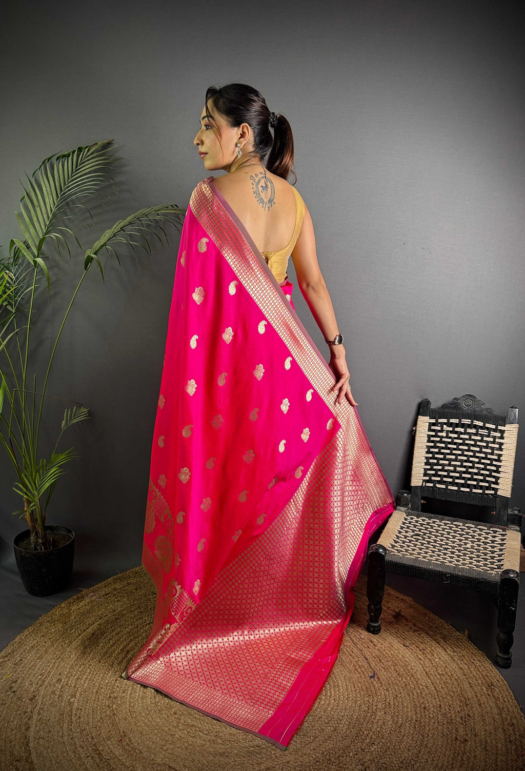 Sonakshi Women's Rani Pink Soft Banarasi Lichi Silk Golden Zari Weaving Traditional Saree with Blouse - Distacart