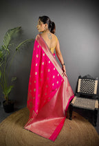 Sonakshi Women's Rani Pink Soft Banarasi Lichi Silk Golden Zari Weaving Traditional Saree with Blouse - Distacart