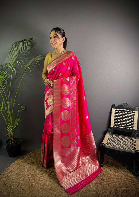 Sonakshi Women's Rani Pink Soft Banarasi Lichi Silk Golden Zari Weaving Traditional Saree with Blouse