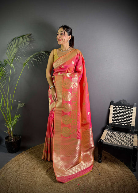 Sonakshi Women's Pink Soft Banarasi Lichi Silk Golden Zari Weaving Traditional Saree with Blouse