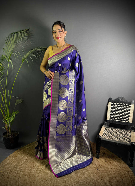 Sonakshi Women's Blue Soft Banarasi Lichi Silk Golden Zari Weaving Traditional Saree with Blouse
