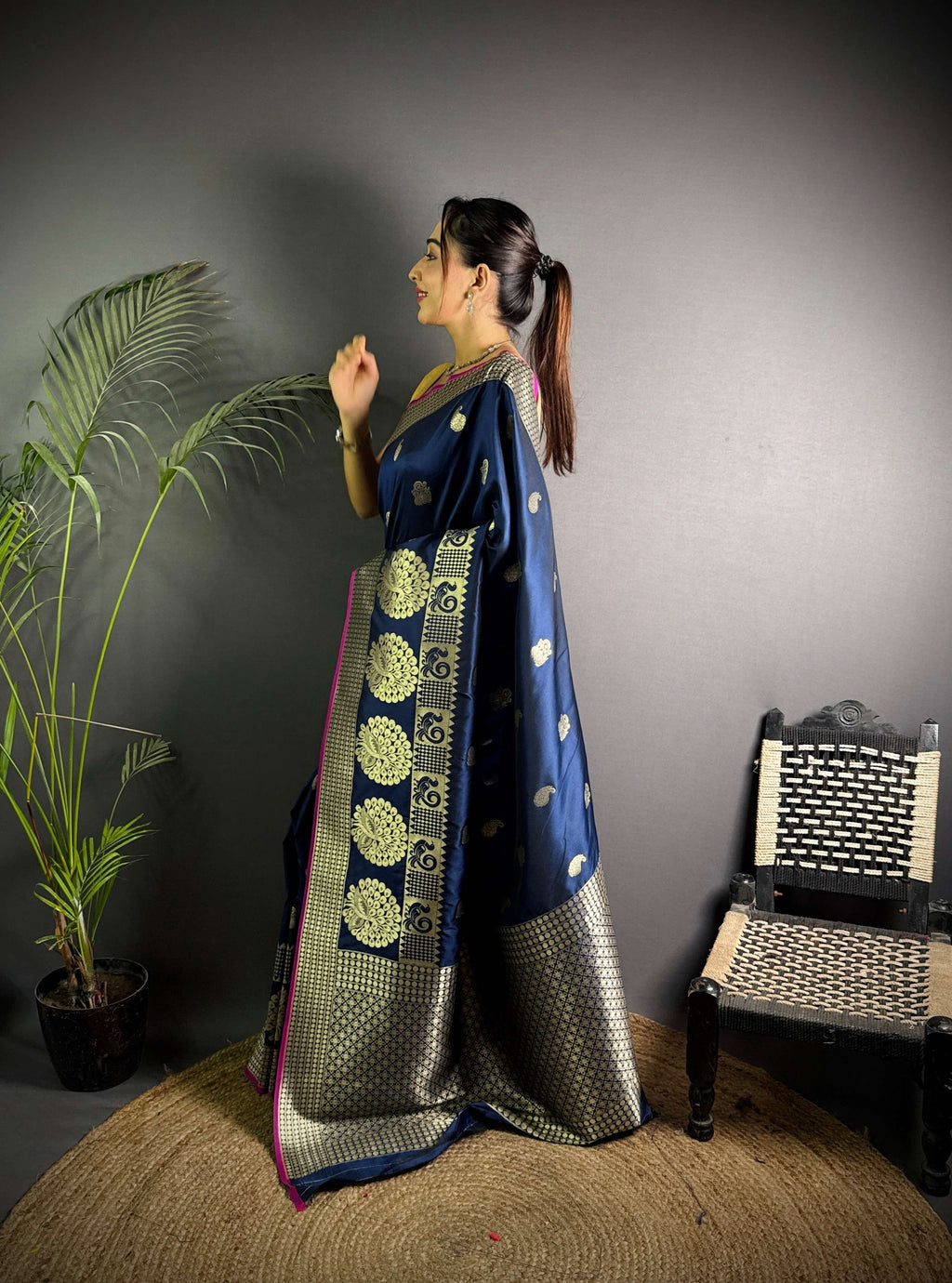 Sonakshi Women's Navy Blue Soft Banarasi Lichi Silk Golden Zari Weaving Traditional Saree with Blouse - Distacart