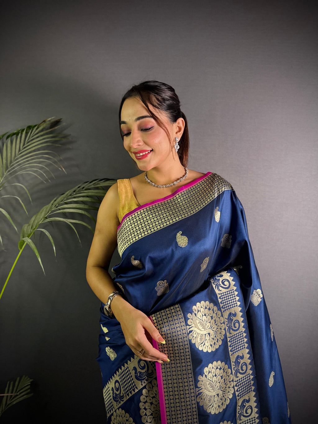 Sonakshi Women's Navy Blue Soft Banarasi Lichi Silk Golden Zari Weaving Traditional Saree with Blouse - Distacart