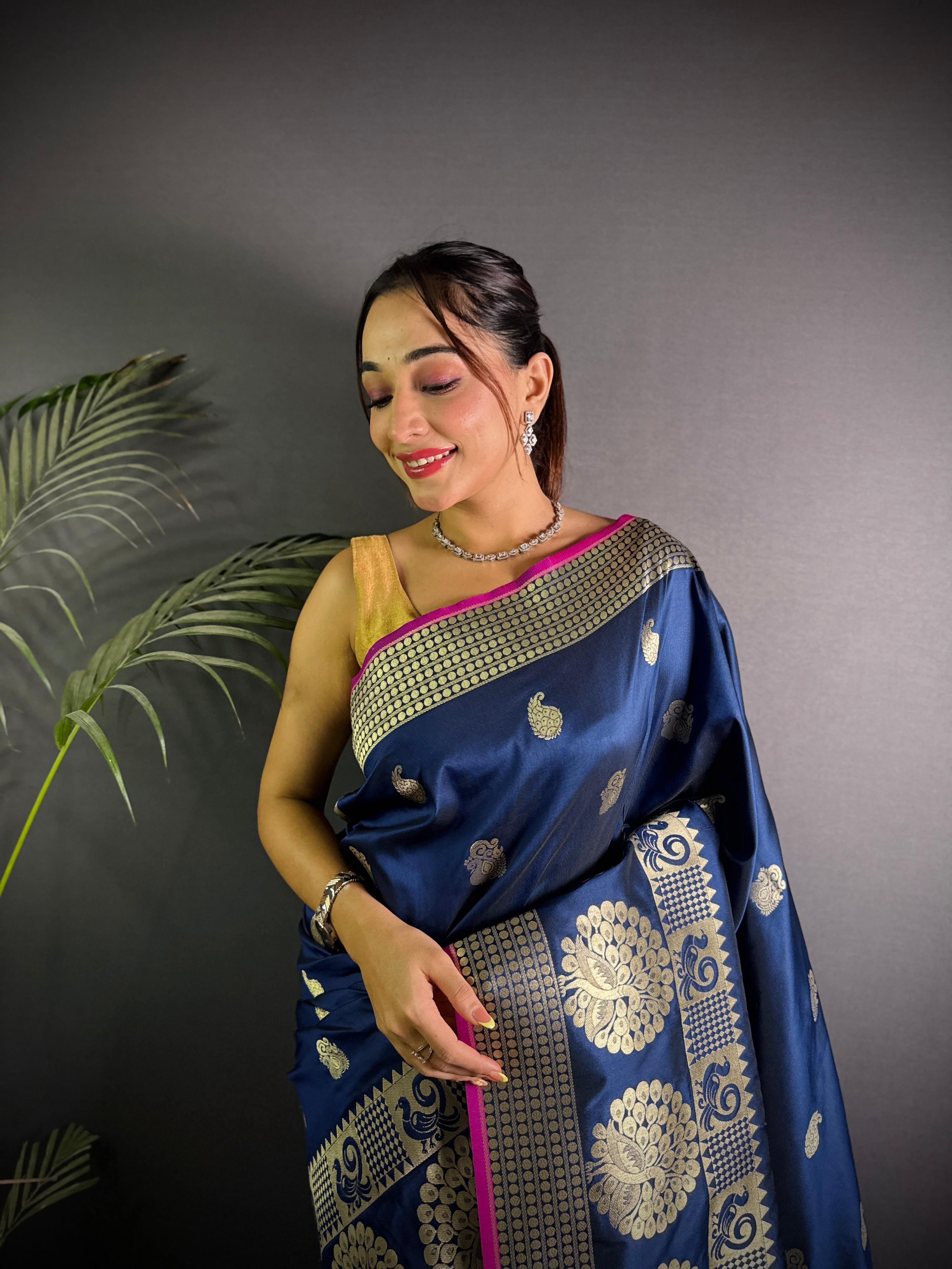 Sonakshi Women's Navy Blue Soft Banarasi Lichi Silk Golden Zari Weaving Traditional Saree with Blouse - Distacart
