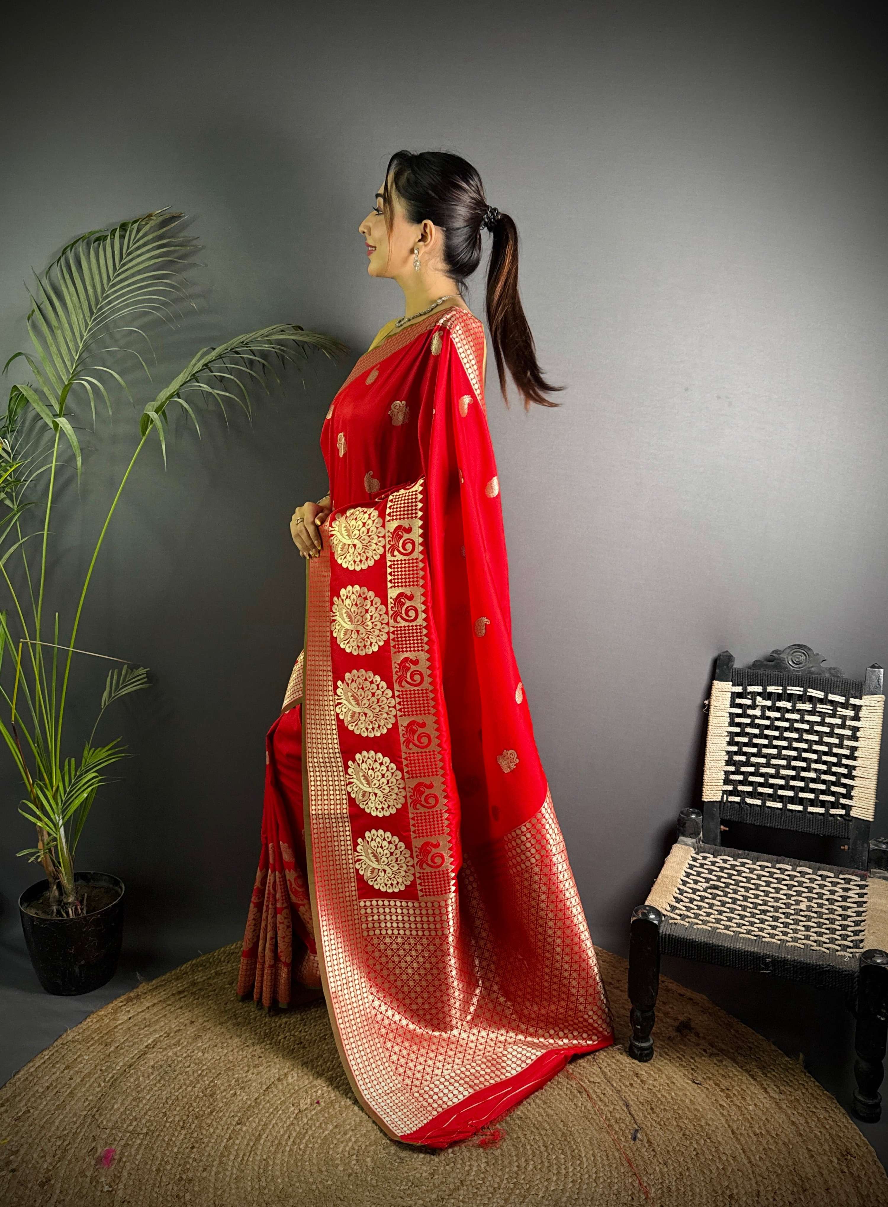 Sonakshi Women's Red Soft Banarasi Lichi Silk Golden Zari Weaving Traditional Saree with Blouse - Distacart