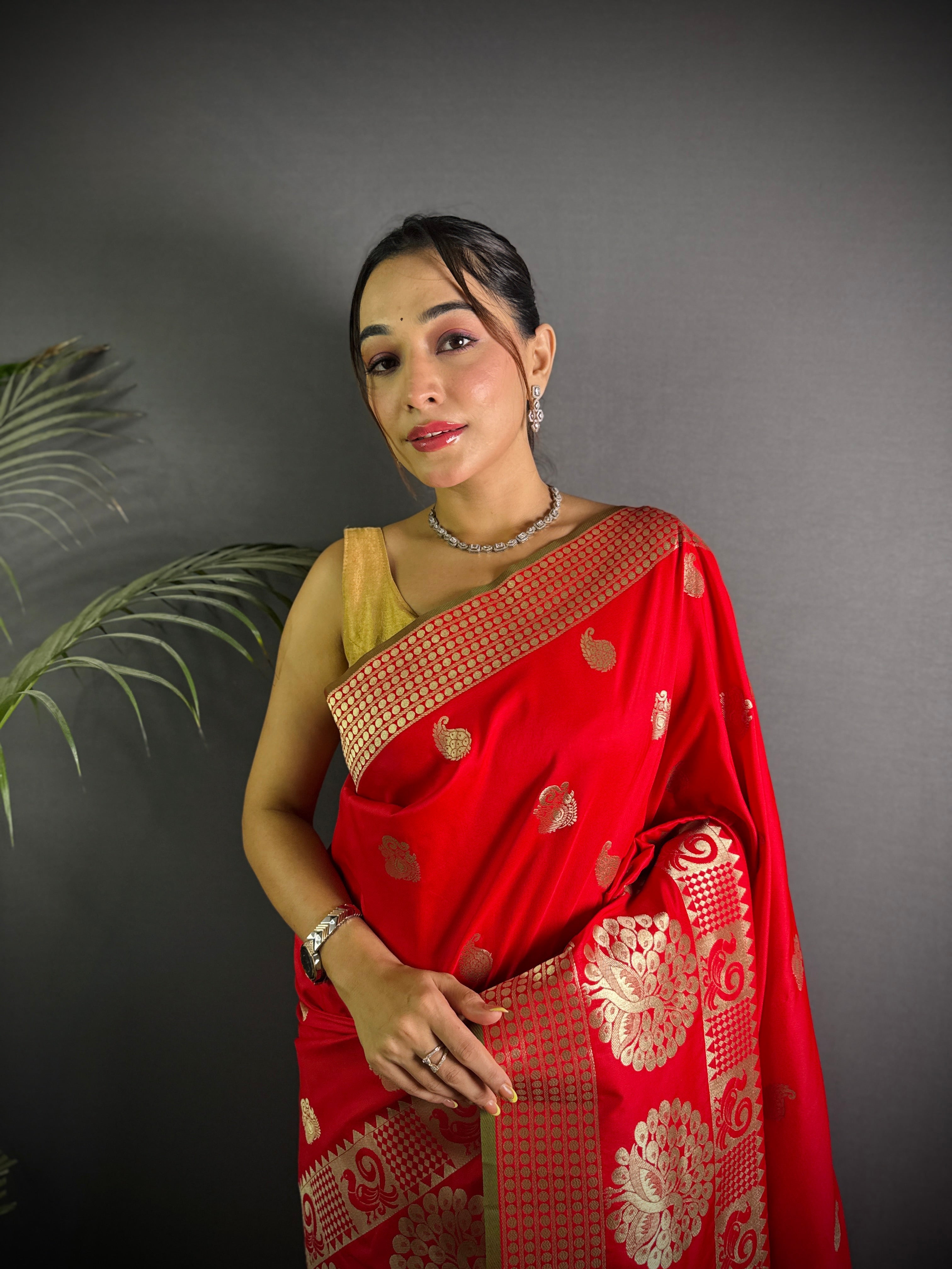 Sonakshi Women's Red Soft Banarasi Lichi Silk Golden Zari Weaving Traditional Saree with Blouse - Distacart