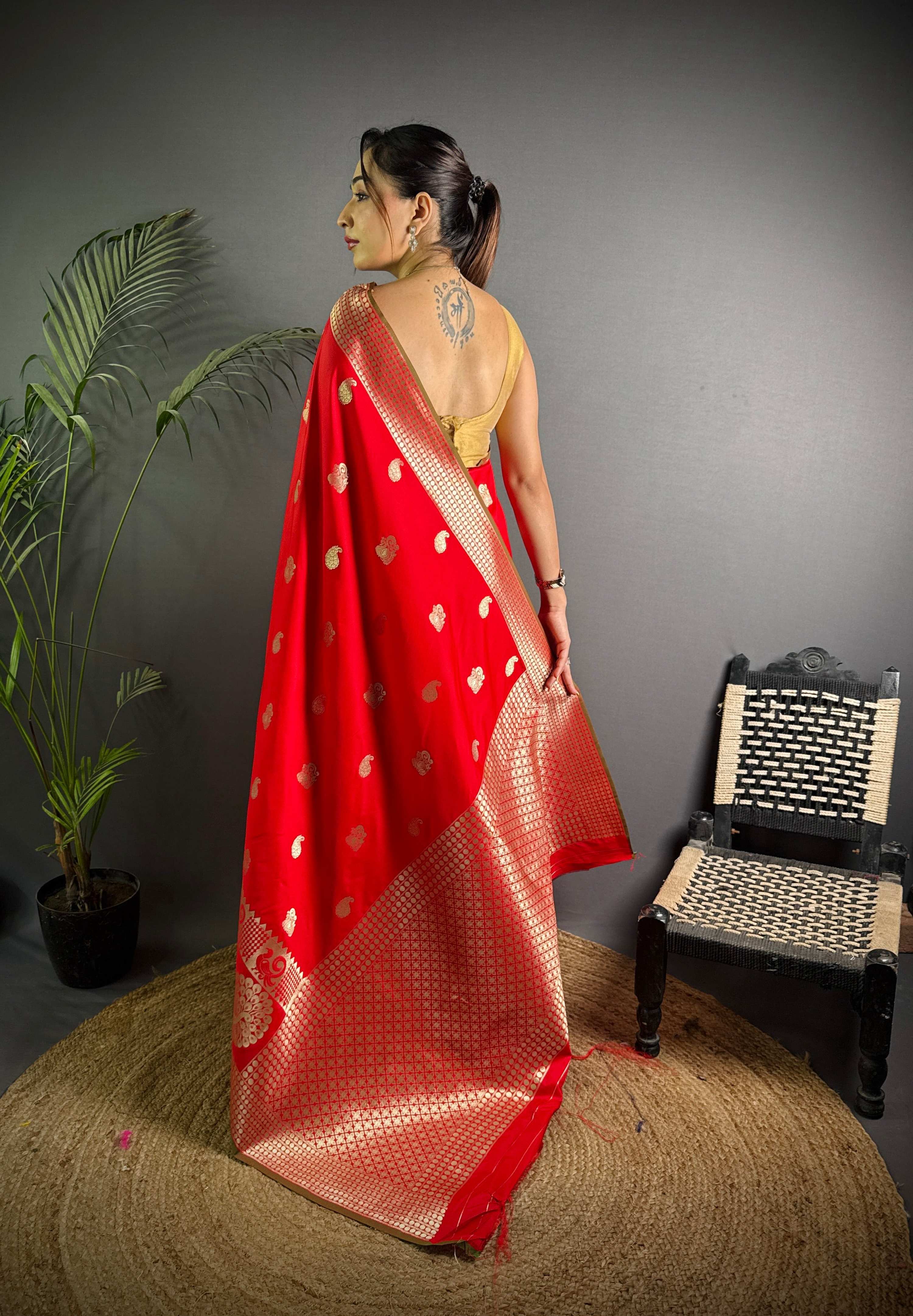 Sonakshi Women's Red Soft Banarasi Lichi Silk Golden Zari Weaving Traditional Saree with Blouse - Distacart