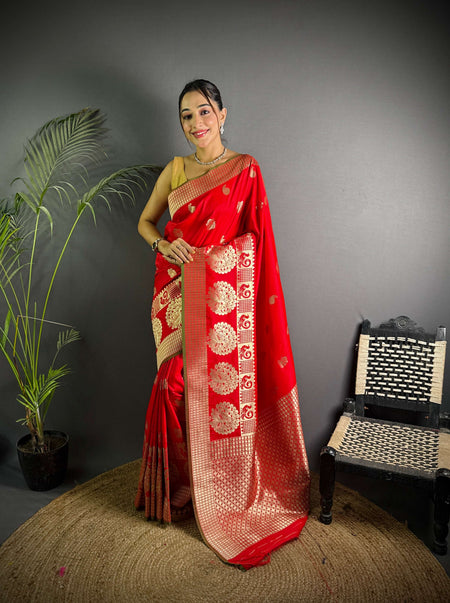 Sonakshi Women's Red Soft Banarasi Lichi Silk Golden Zari Weaving Traditional Saree with Blouse