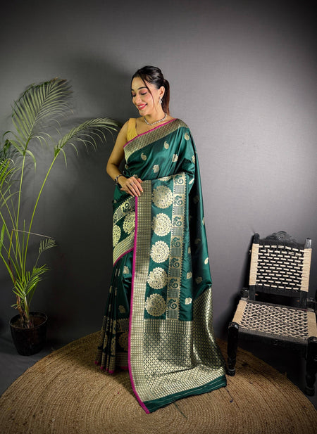 Sonakshi Women's Ramagreen Soft Banarasi Lichi Silk Golden Zari Weaving Traditional Saree with Blouse