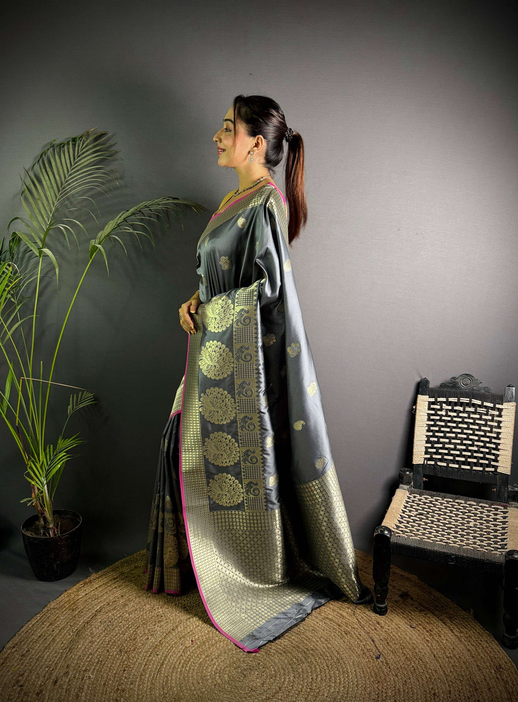 Sonakshi Women's Grey Soft Banarasi Lichi Silk Golden Zari Weaving Traditional Saree with Blouse - Distacart