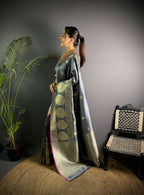 Sonakshi Women's Grey Soft Banarasi Lichi Silk Golden Zari Weaving Traditional Saree with Blouse - Distacart