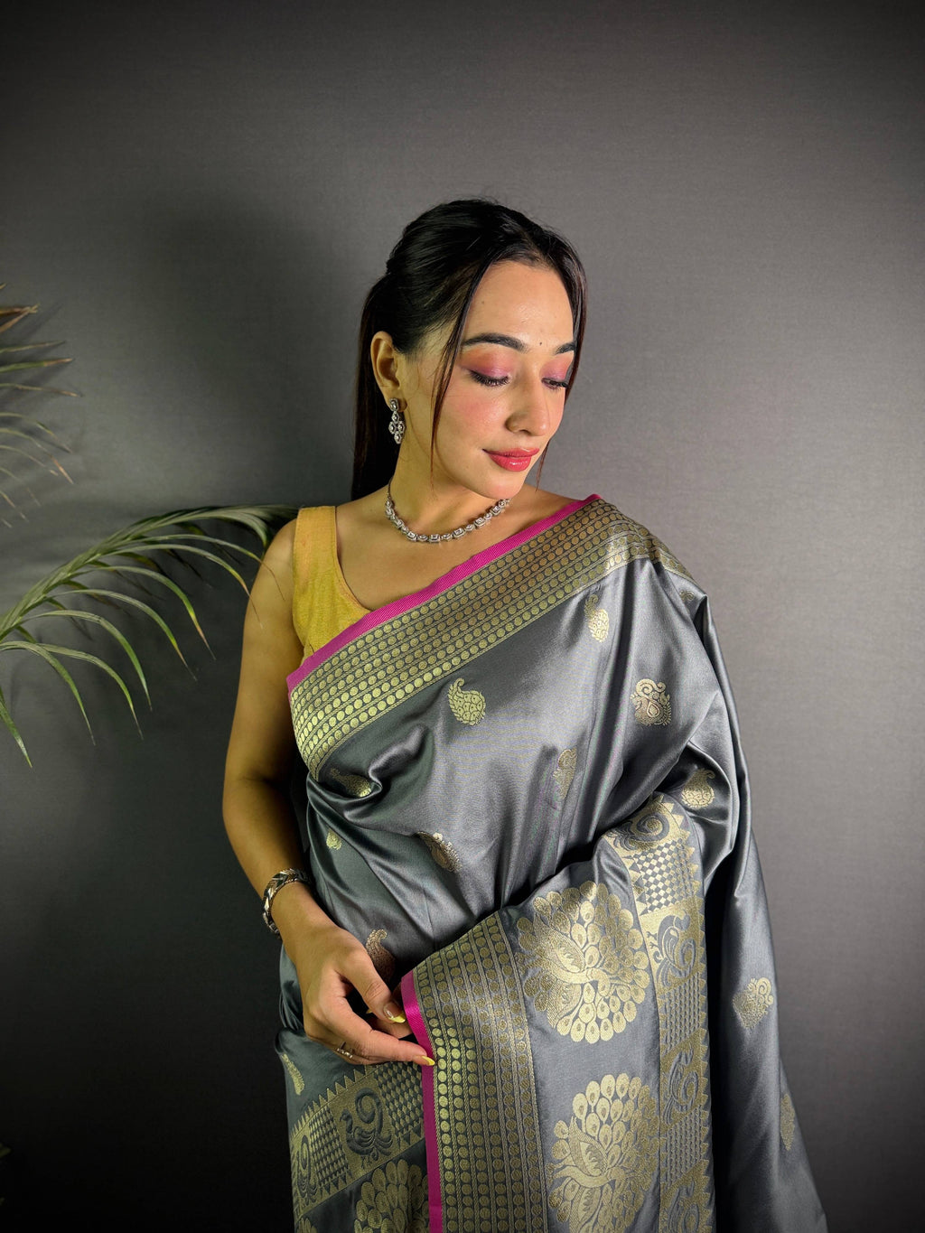 Sonakshi Women's Grey Soft Banarasi Lichi Silk Golden Zari Weaving Traditional Saree with Blouse - Distacart