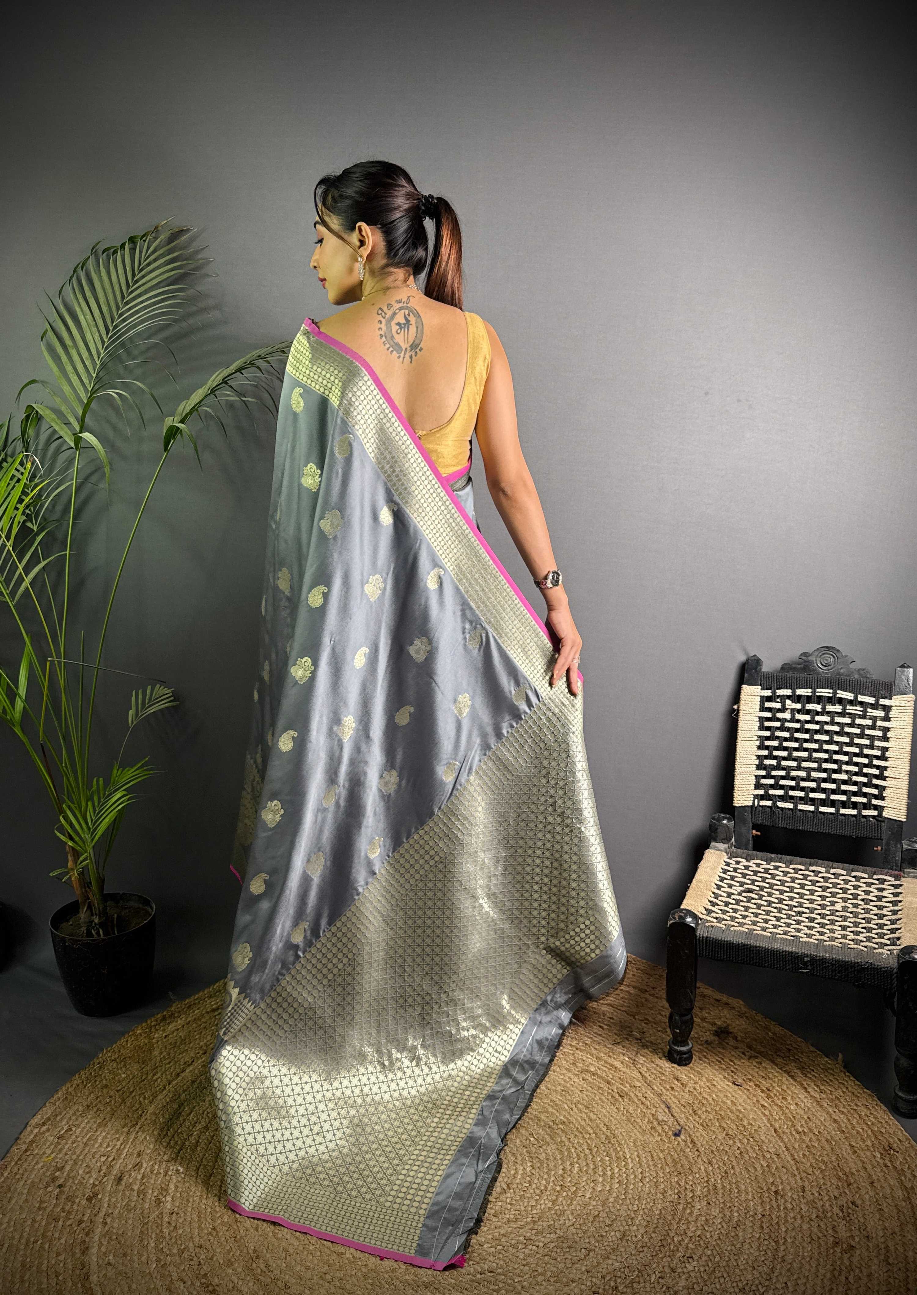 Sonakshi Women's Grey Soft Banarasi Lichi Silk Golden Zari Weaving Traditional Saree with Blouse - Distacart