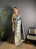 Sonakshi Women's Grey Soft Banarasi Lichi Silk Golden Zari Weaving Traditional Saree with Blouse - Distacart