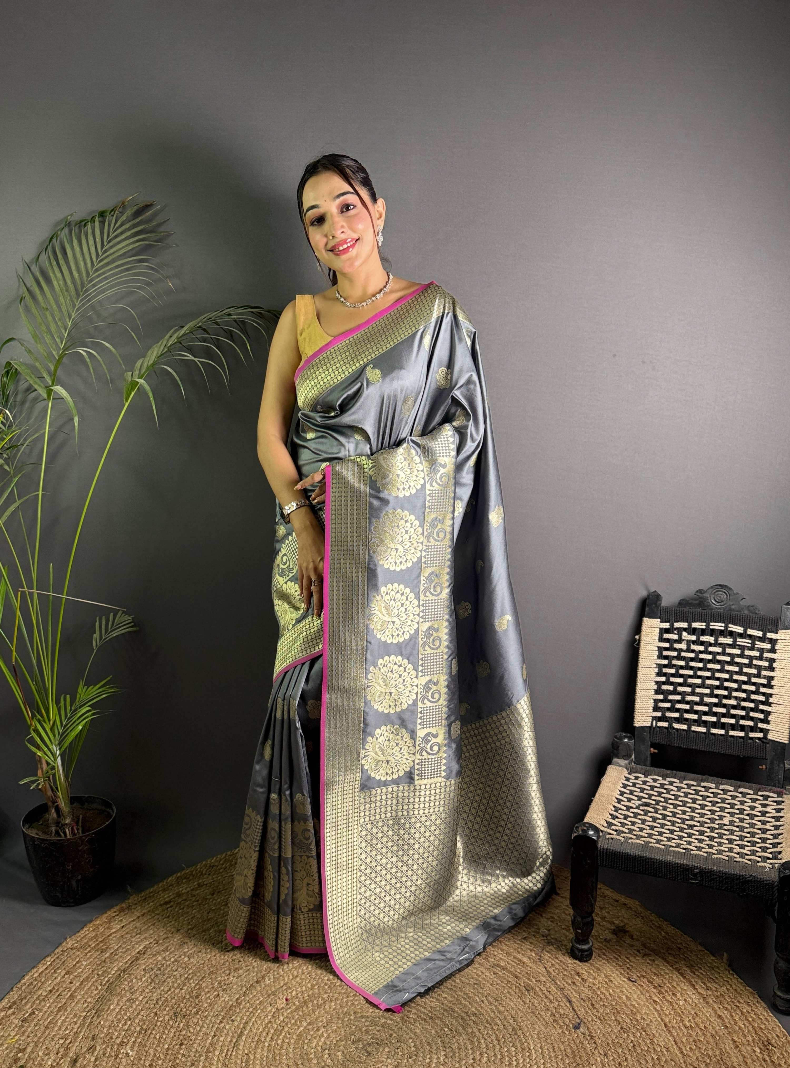 Sonakshi Women's Grey Soft Banarasi Lichi Silk Golden Zari Weaving Traditional Saree with Blouse - Distacart