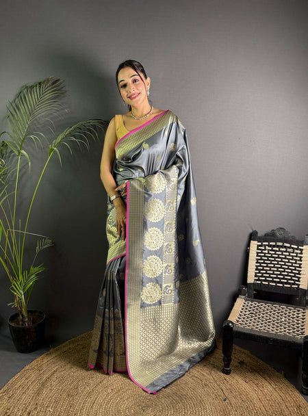 Sonakshi Women's Grey Soft Banarasi Lichi Silk Golden Zari Weaving Traditional Saree with Blouse