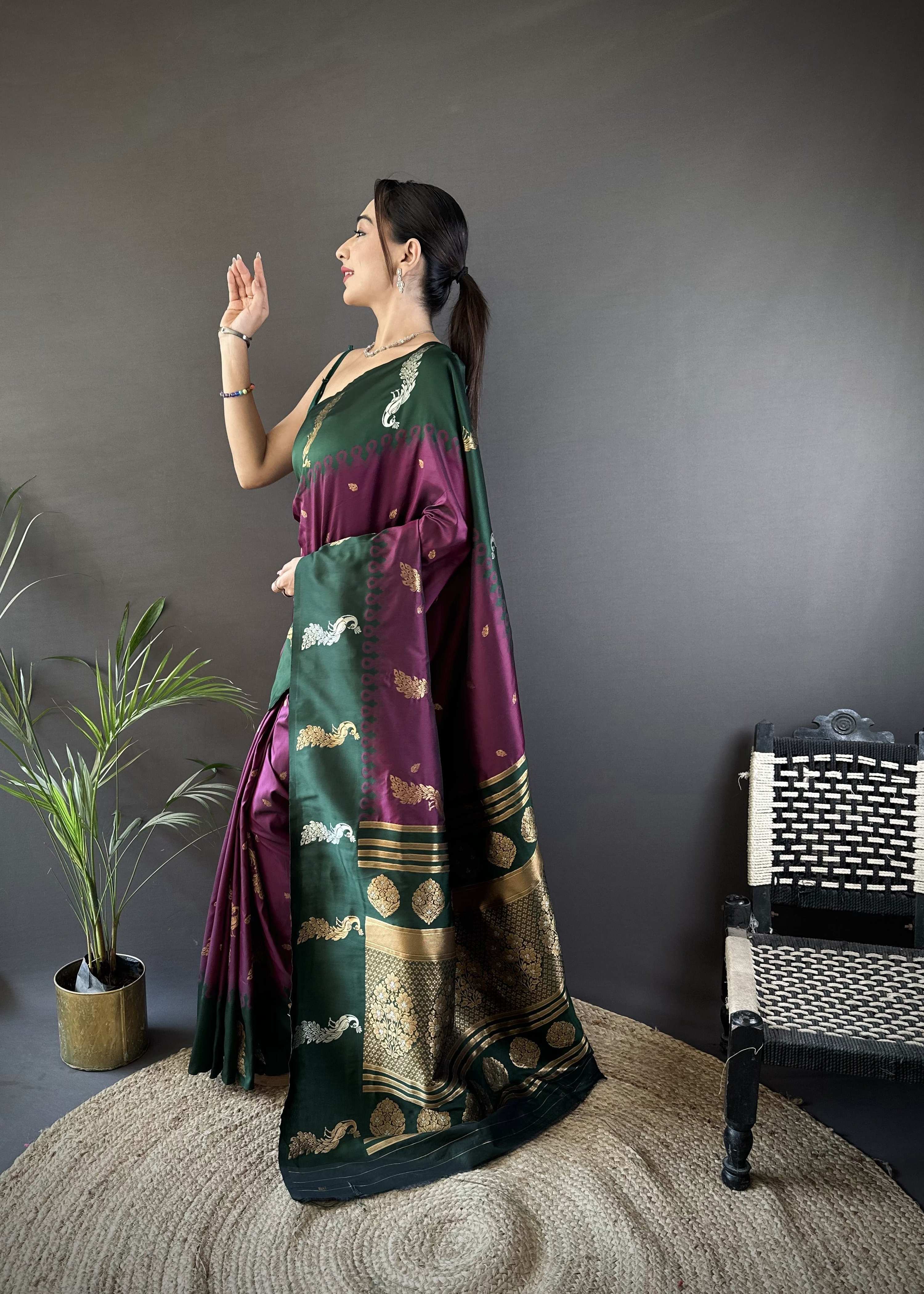 Sonakshi Women's Wine Soft Banarasi Silk Zari Weaving Traditional Saree with Blouse - Distacart