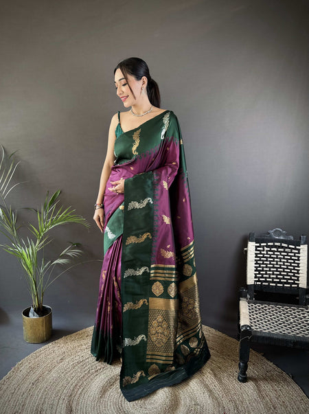 Sonakshi Women's Wine Soft Banarasi Silk Zari Weaving Traditional Saree with Blouse