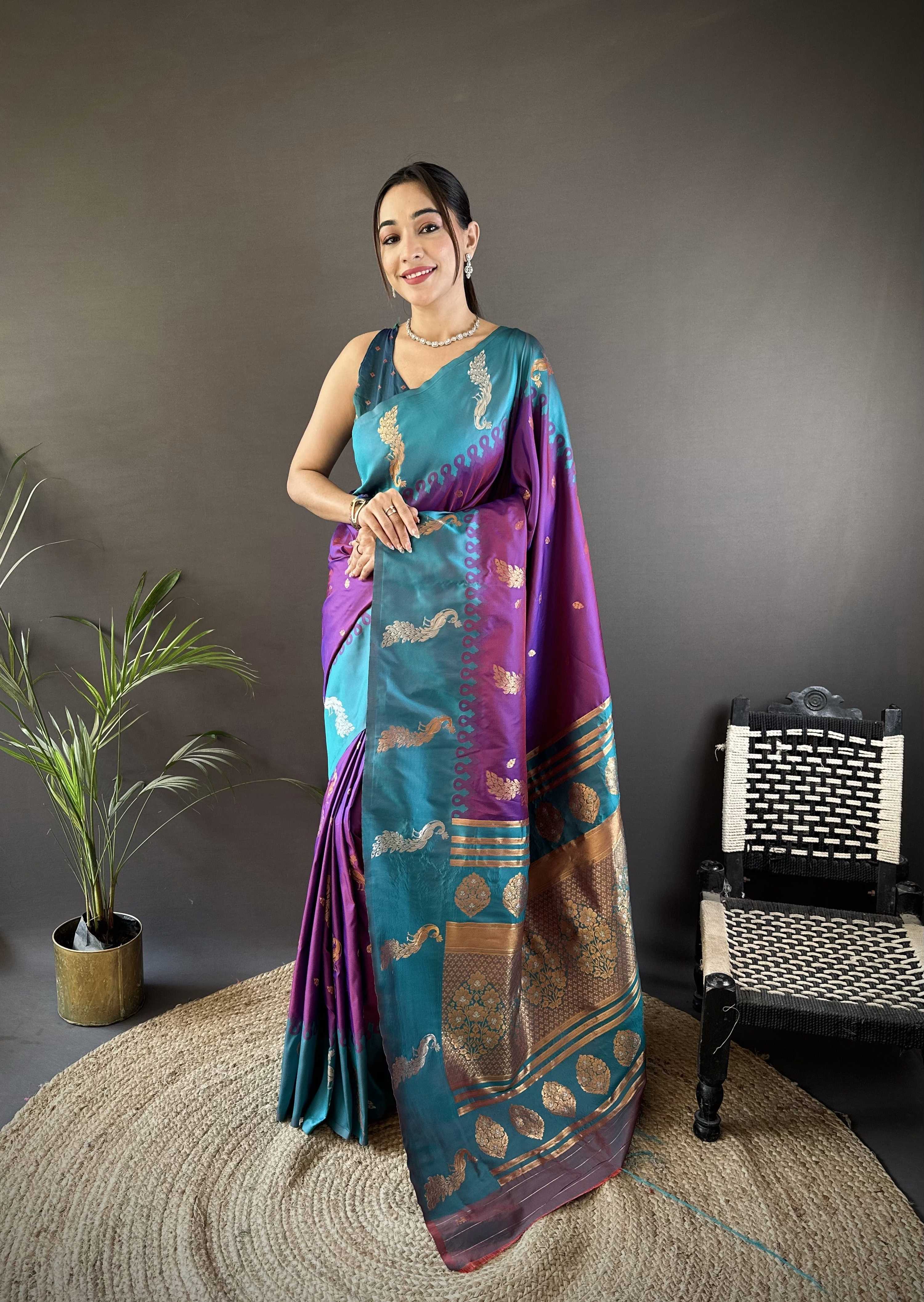 Sonakshi Women's Purple Soft Banarasi Silk Zari Weaving Traditional Saree with Blouse - Distacart