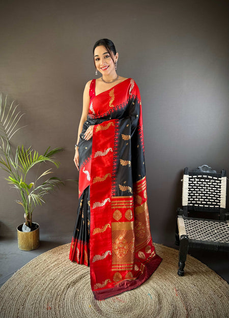Sonakshi Women's Black Soft Banarasi Silk Zari Weaving Traditional Saree with Blouse