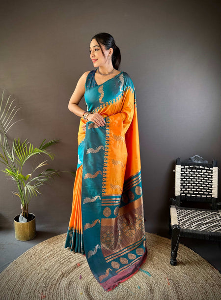Sonakshi Women's Yellow Soft Banarasi Silk Zari Weaving Traditional Saree with Blouse