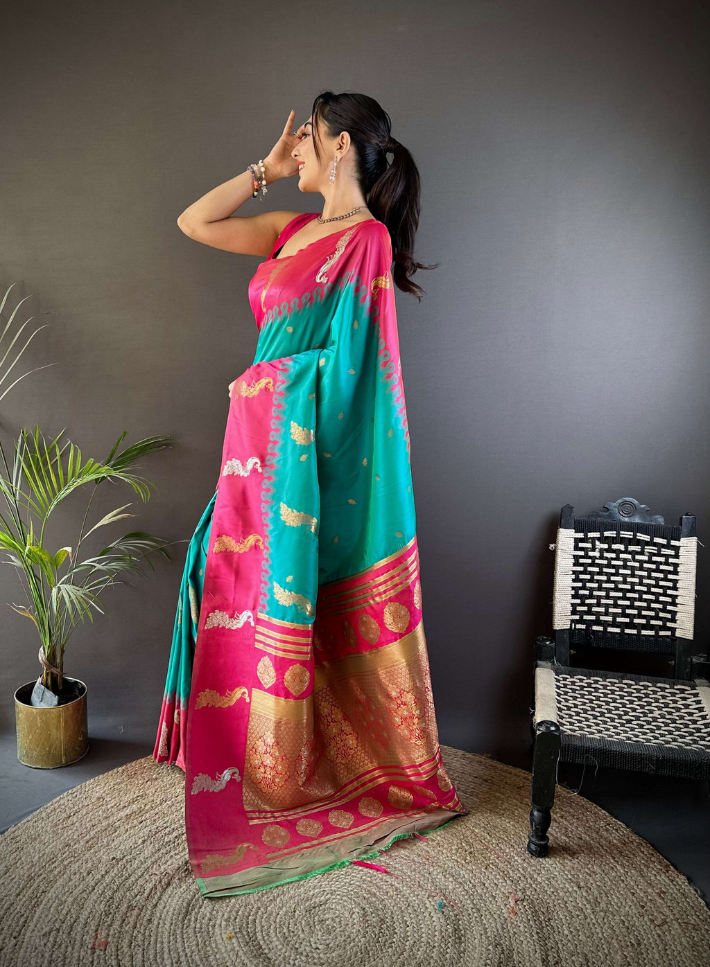 Sonakshi Women's Teal Soft Banarasi Silk Zari Weaving Traditional Saree with Blouse - Distacart