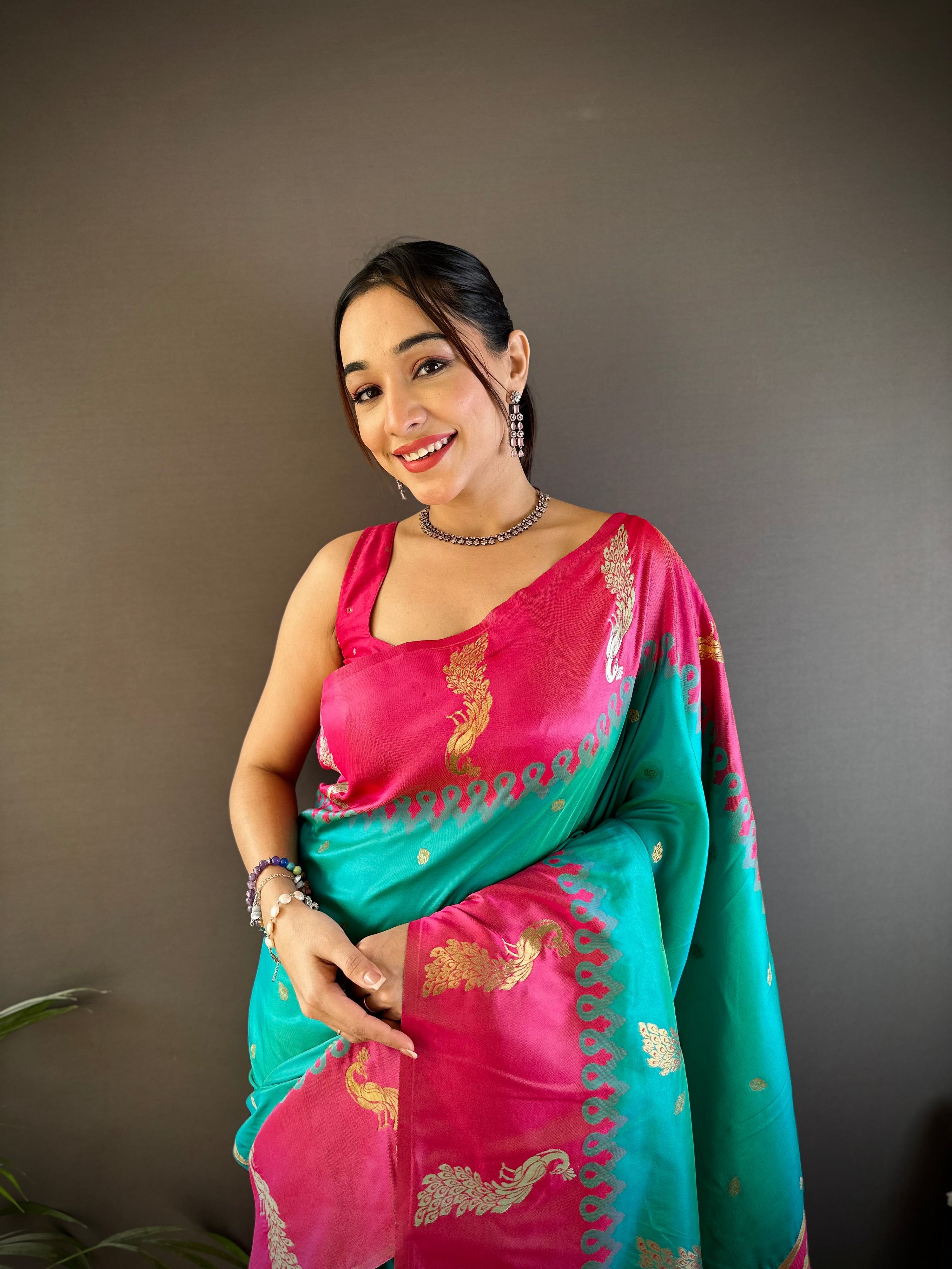 Sonakshi Women's Teal Soft Banarasi Silk Zari Weaving Traditional Saree with Blouse - Distacart