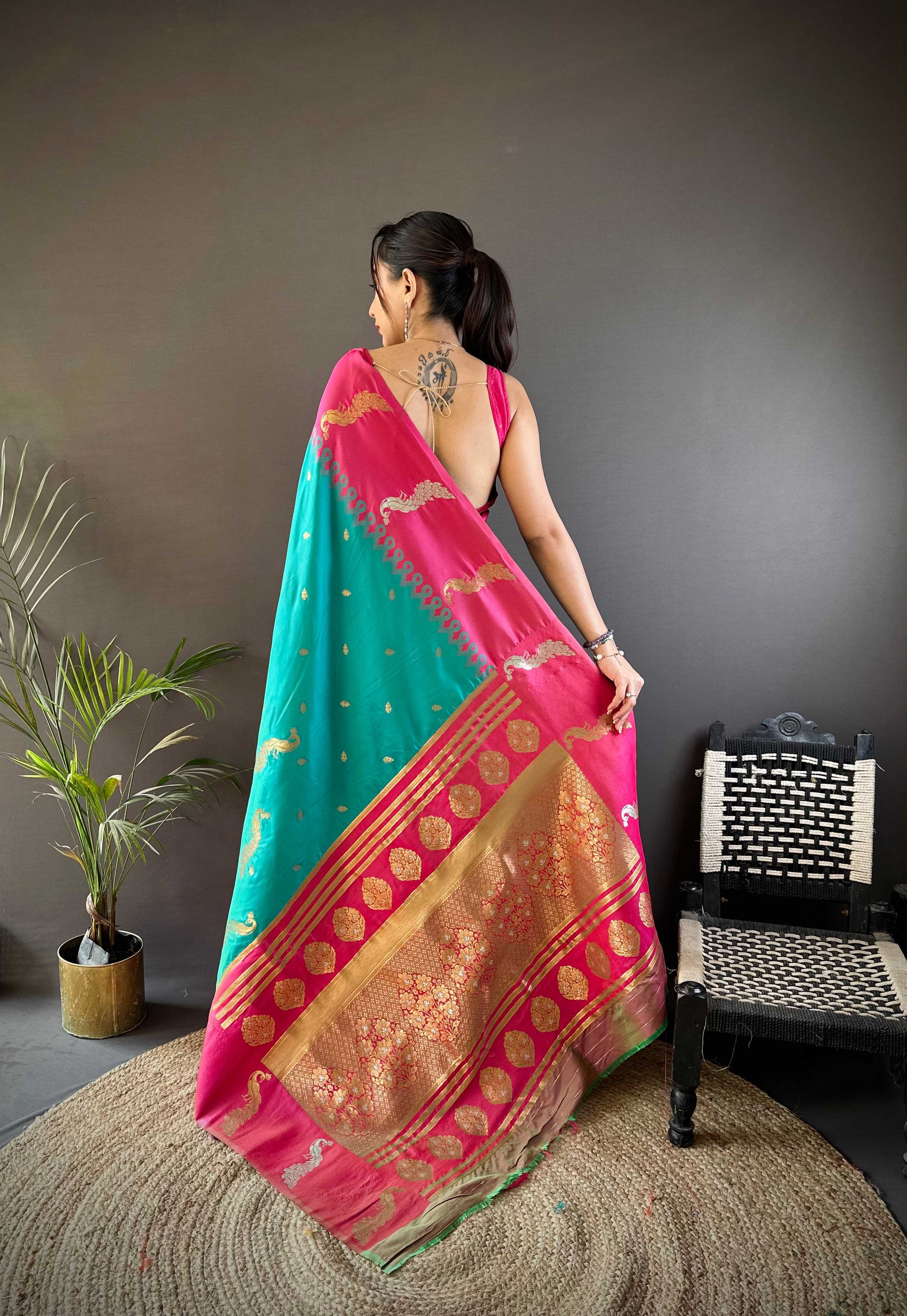 Sonakshi Women's Teal Soft Banarasi Silk Zari Weaving Traditional Saree with Blouse - Distacart