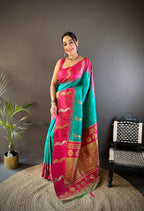 Sonakshi Women's Teal Soft Banarasi Silk Zari Weaving Traditional Saree with Blouse - Distacart