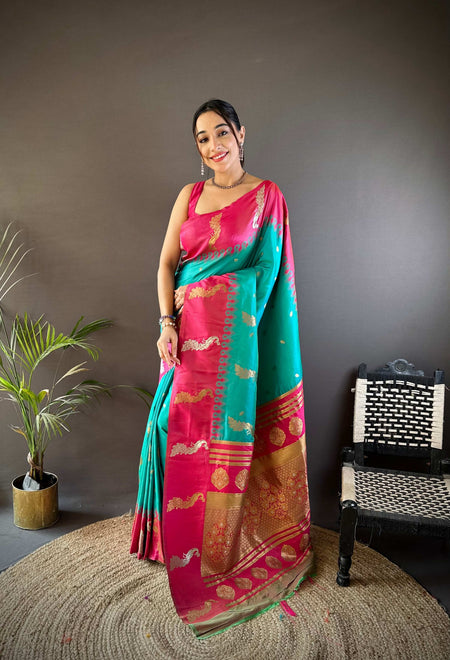 Sonakshi Women's Teal Soft Banarasi Silk Zari Weaving Traditional Saree with Blouse