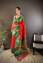 Sonakshi Women's Red Soft Banarasi Silk Zari Weaving Traditional Saree with Blouse - Distacart