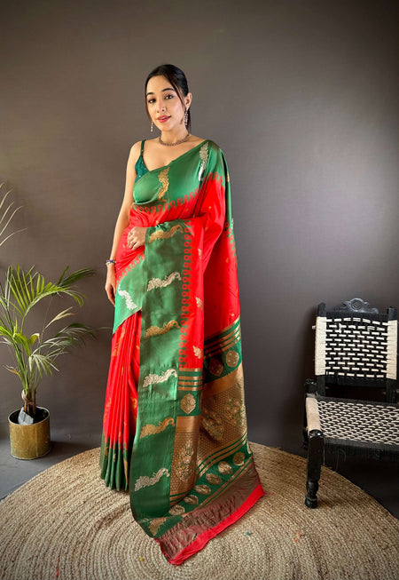 Sonakshi Women's Red Soft Banarasi Silk Zari Weaving Traditional Saree with Blouse