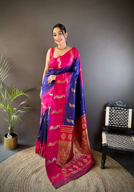 Sonakshi Women's Royal Blue Soft Banarasi Silk Zari Weaving Traditional Saree with Blouse