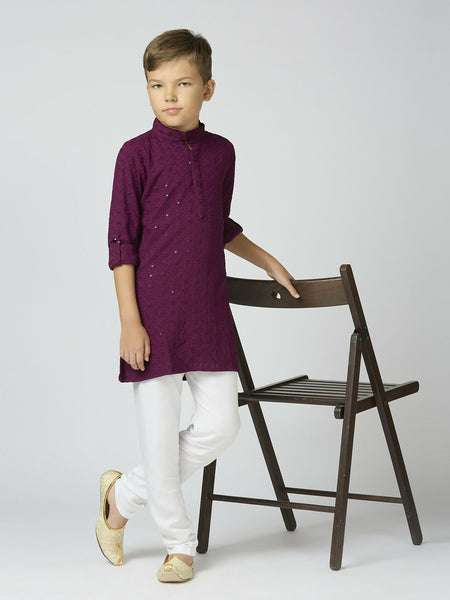 Joban Fashion Kids Island Full Sleeves Cotton Kurta, Pyjama Set with Sequin work - Wine
