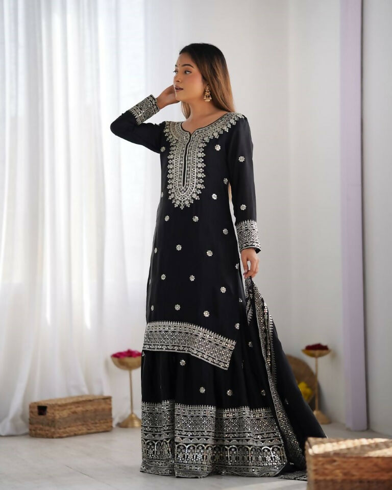 Teeya Creation Black Colour Chinnon Silk Heavy Embroidery Work Fully Stitched Salwar Suit - Distacart