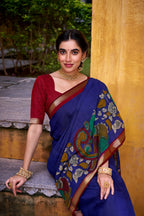 Vastranavya Blue Viscose Chanderi Kalamkari Print with Zari Working Saree & Unstitched Blouse - Distacart